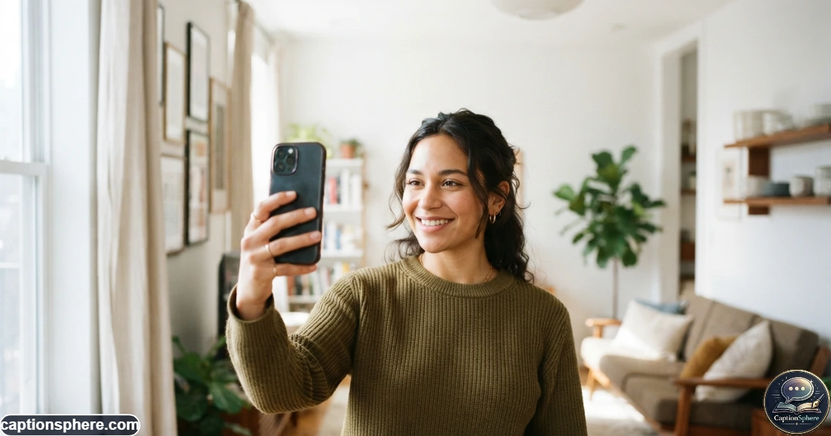 Young adult taking a natural smartphone selfie in a bright modern room