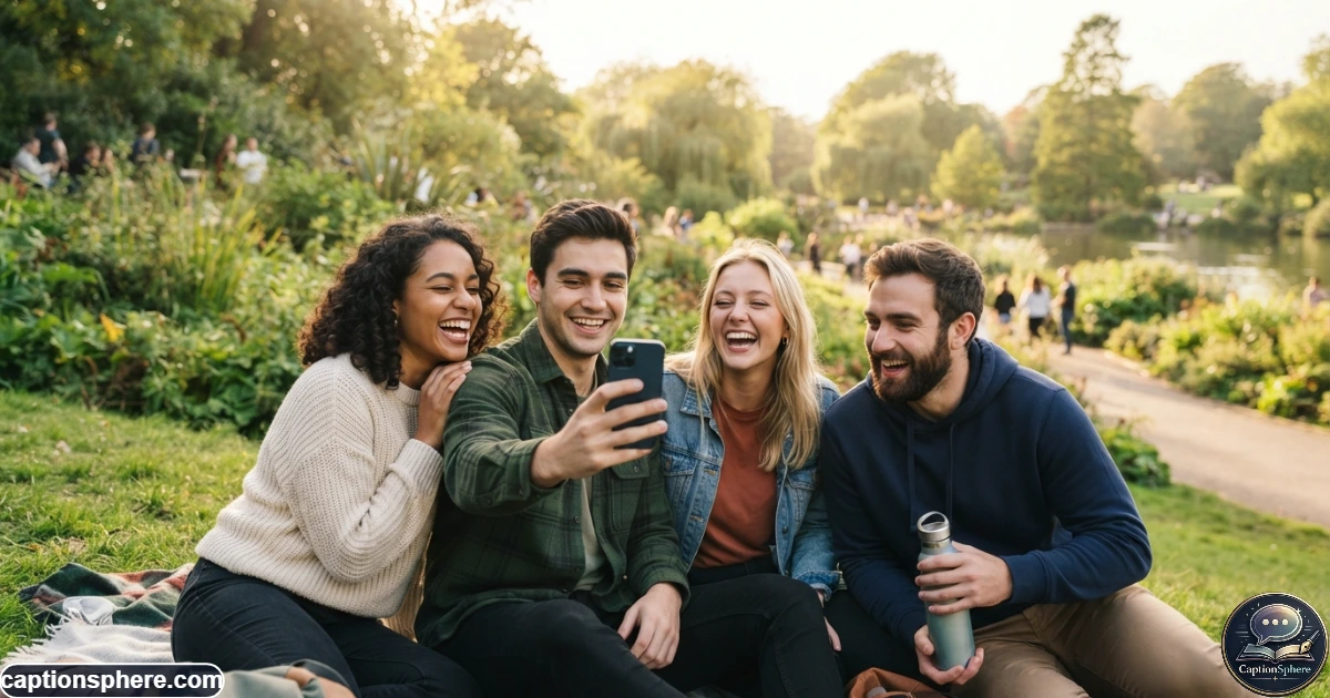 Group of friends smiling together during a casual outdoor Instagram photo