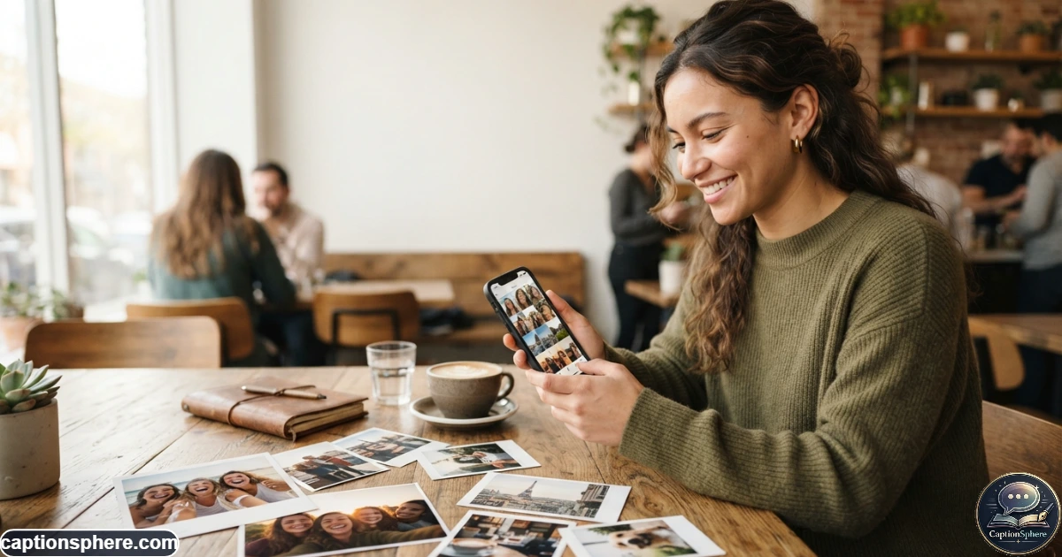 Person choosing an Instagram caption while reviewing lifestyle photos on a smartphone