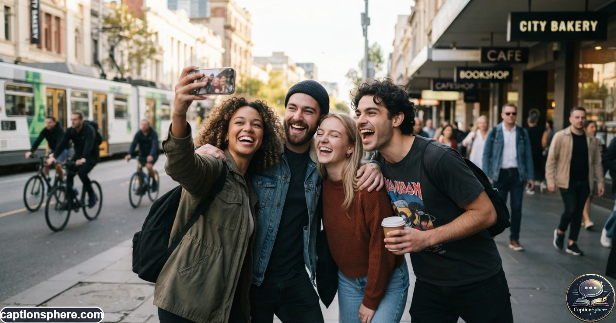 Group of friends laughing together while taking a spontaneous smartphone photo