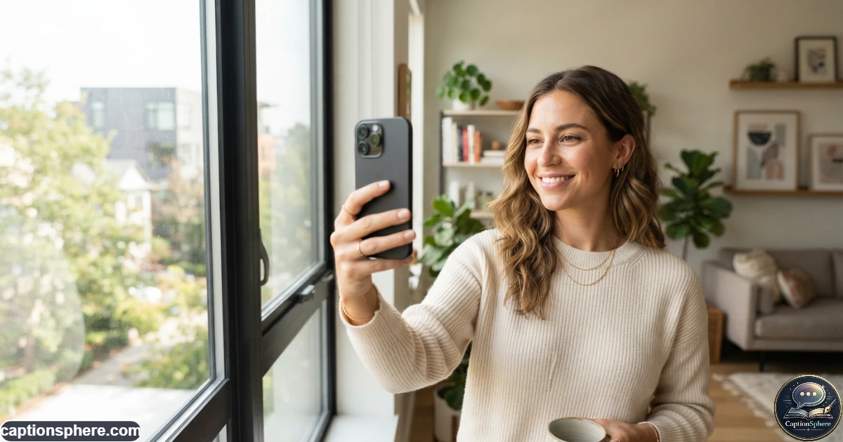 Young adult taking a confident casual selfie near a sunlit window