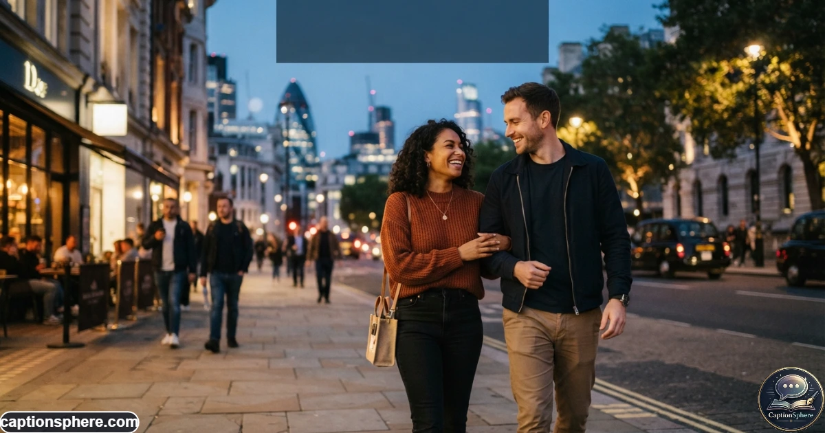 Happy couple walking together during a relaxed evening in the city