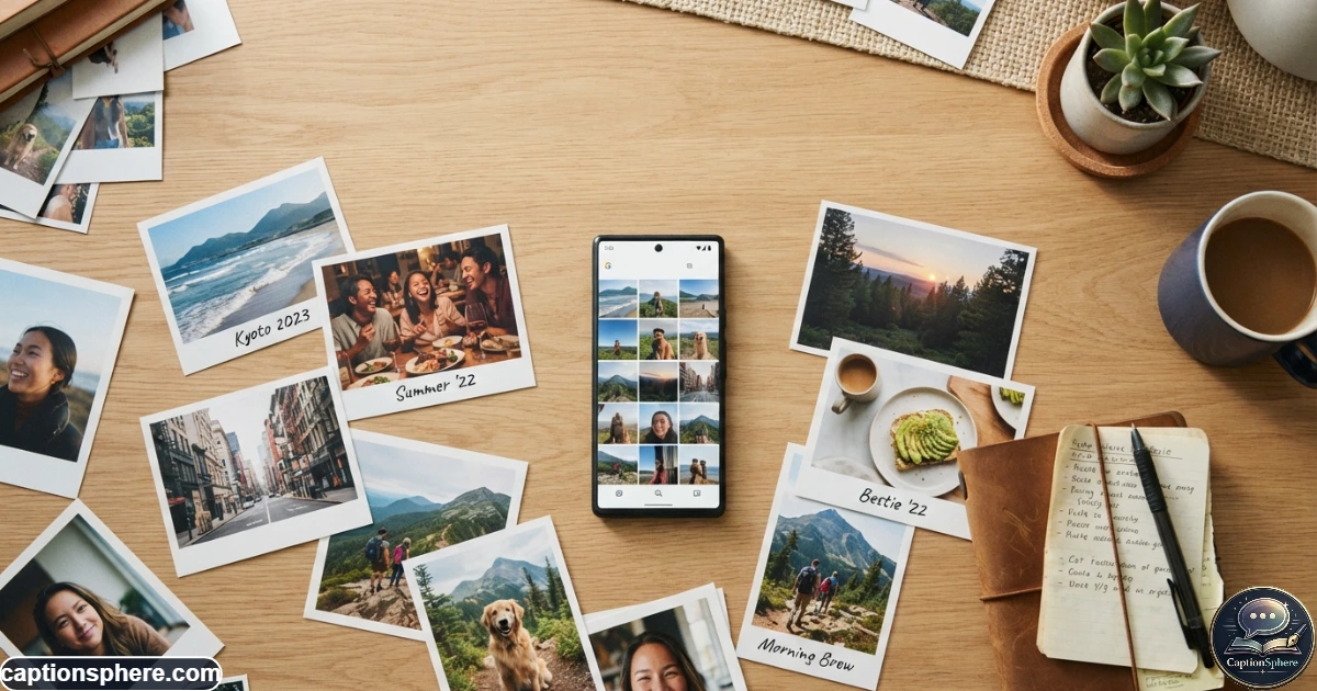 Collection of varied lifestyle photographs arranged around a smartphone on a table