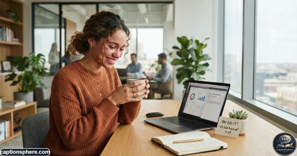 Young professional celebrating a personal achievement in a bright modern workspace
