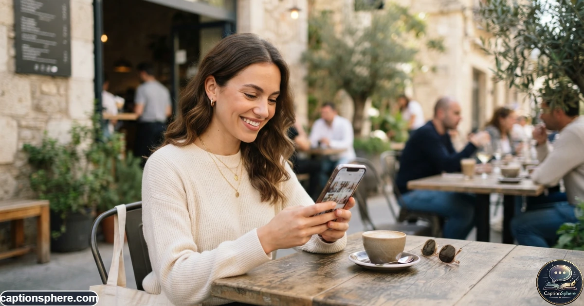 Young woman choosing a short Instagram caption while viewing photos on her phone