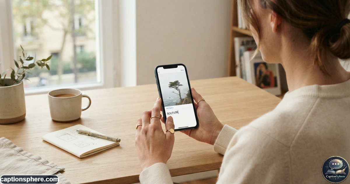 Minimalist smartphone photography scene with a person selecting a simple caption