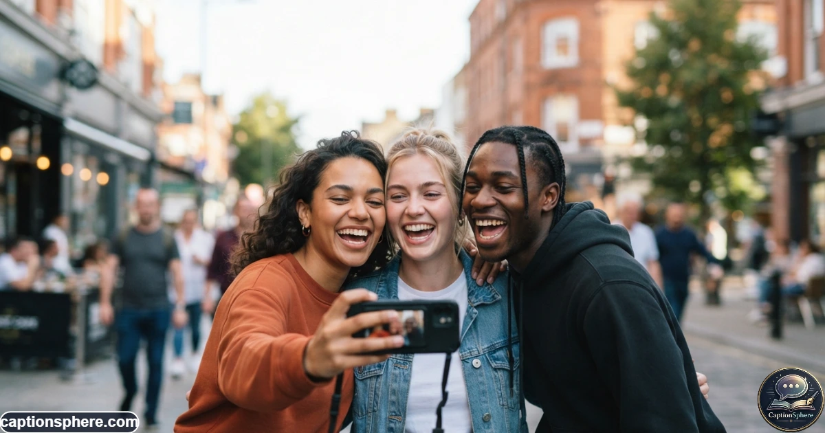 Friends laughing while taking a playful selfie for an Instagram post