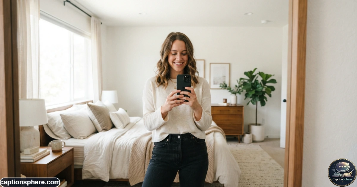 Young adult taking a natural mirror selfie in a modern bedroom