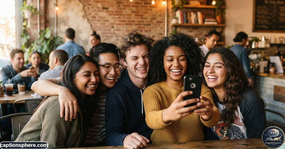 Friends taking a playful selfie during a quirky Instagram photo moment