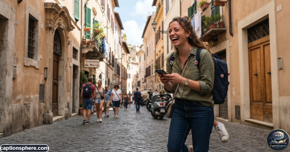 Traveler laughing while exploring an unfamiliar city with a smartphone