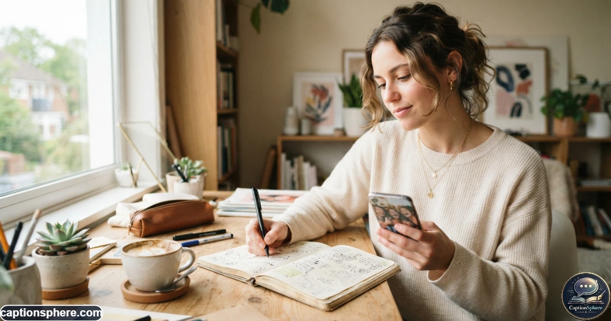 Person creating an original Instagram caption while looking at a smartphone photo