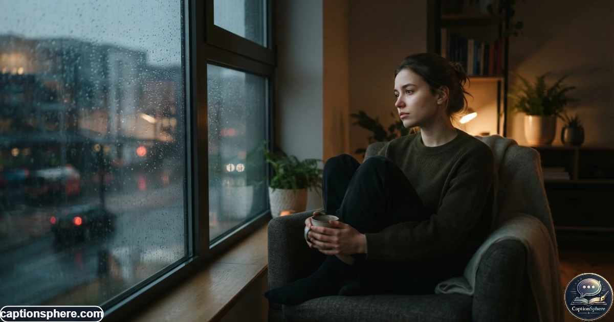 Young adult sitting alone by a rainy window with a reflective expression