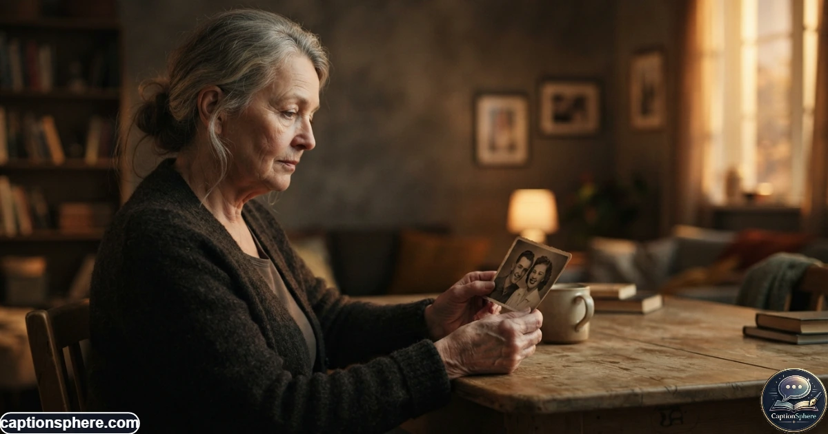 Person looking thoughtfully at an old photograph while remembering someone they miss