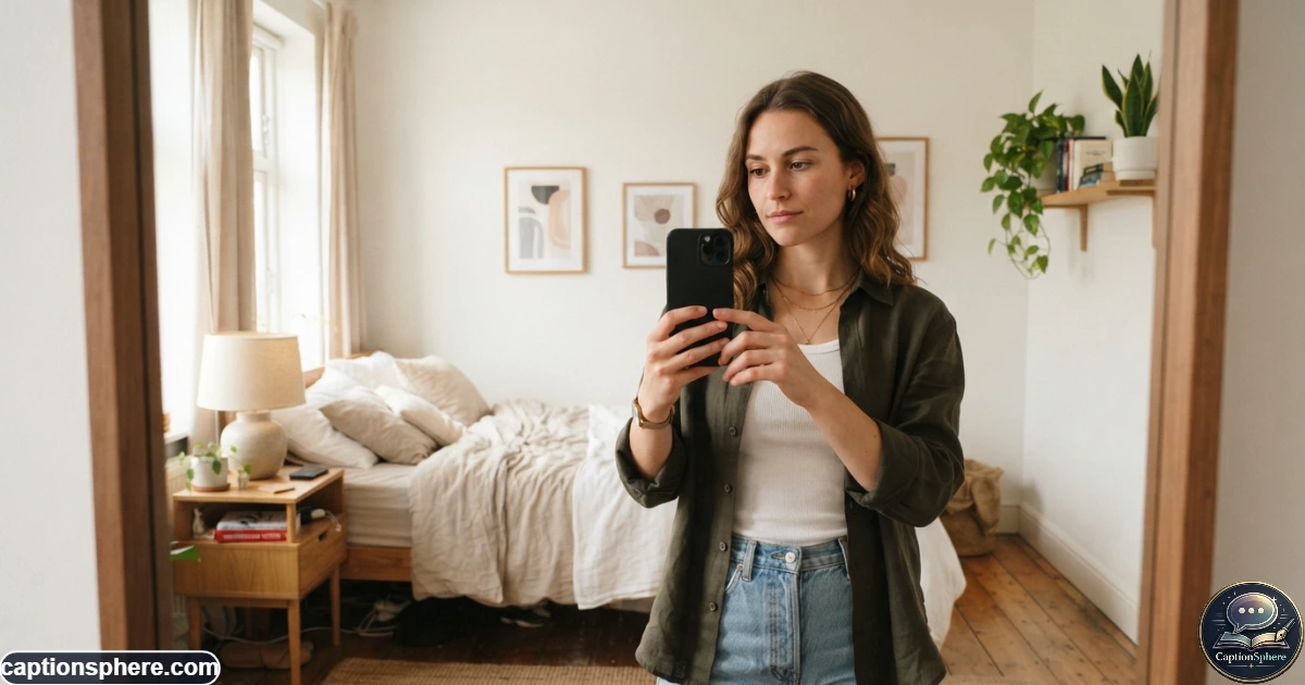 Young adult taking a quiet mirror selfie with a thoughtful and subdued expression