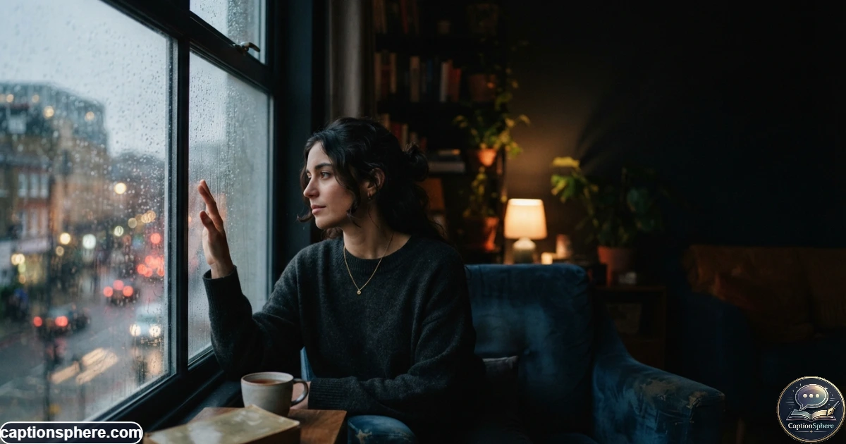 Person sitting near a rain-covered window late at night with city lights outside