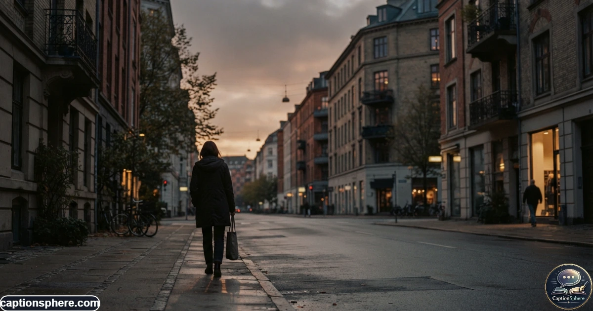 Person walking alone along a quiet city street during a muted sunset