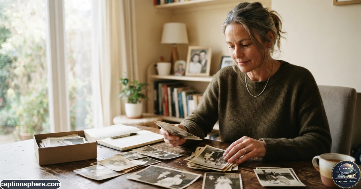 Person looking through old photographs while reflecting on changes in life