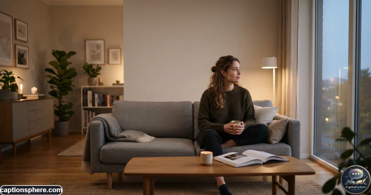 Person sitting alone on a sofa in a quiet room during an emotional evening