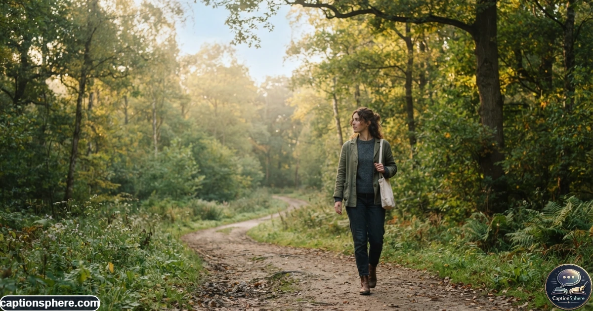 Person walking alone along a quiet path surrounded by trees and morning light