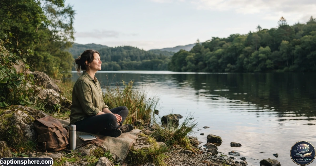 Person relaxing beside a calm lake surrounded by trees in soft afternoon light