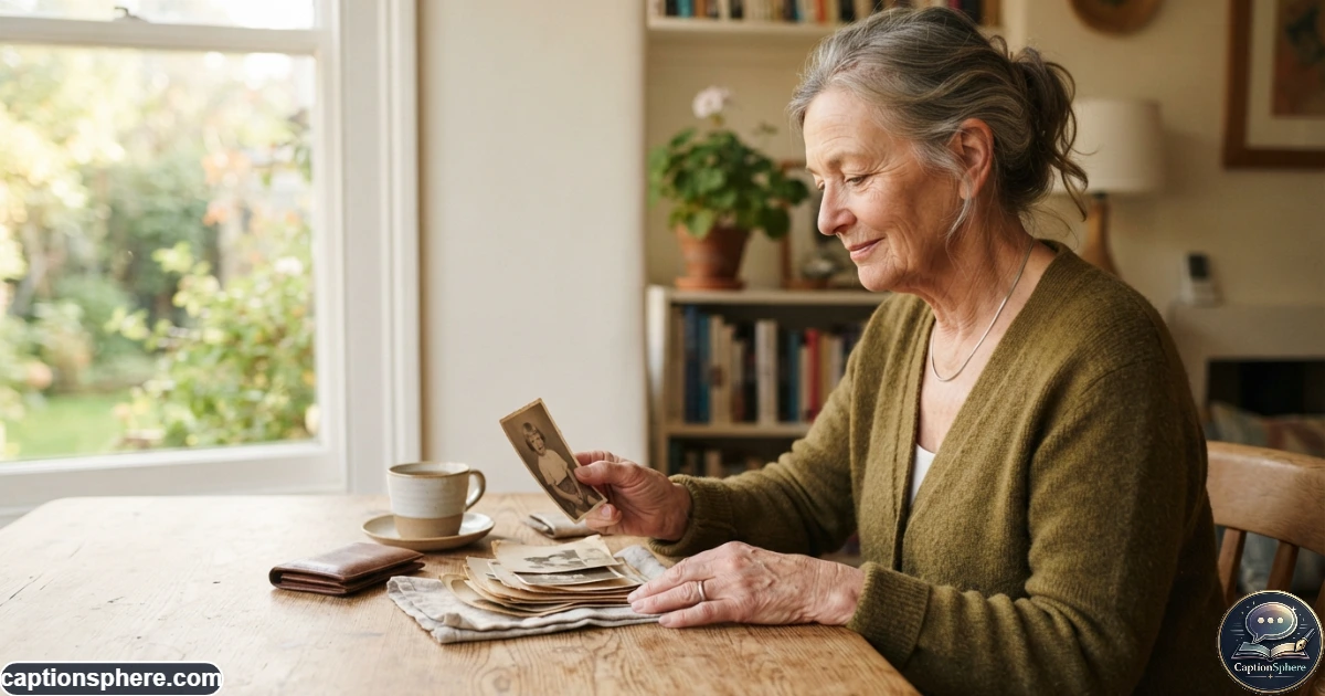 Person looking through old photographs at a quiet table in natural window light