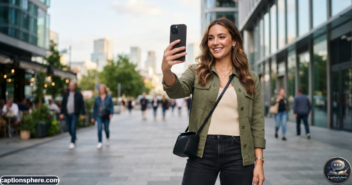 Image Prompt: Create a realistic 16:9 editorial lifestyle photograph of a stylish young woman taking a confident smartphone selfie in a modern urban setting, wearing a fashionable contemporary outfit with subtle glam makeup. Natural confident expression, realistic anatomy, polished but believable photography, premium social-media aesthetic, balanced composition, clean negative space across the top-middle for a heading, no logos, watermark, website branding, subtitle, or extra text.