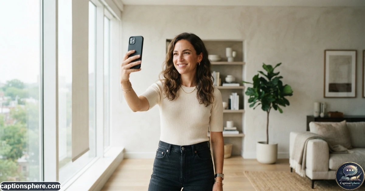 Create a realistic 16:9 editorial photograph of a stylish woman posing for a minimalist smartphone selfie in a bright modern apartment. Confident relaxed expression, contemporary outfit, natural lighting, clean composition, realistic anatomy, generous clean space at the top-middle for a heading, no logos, watermark, website branding, subtitle, or extra text.