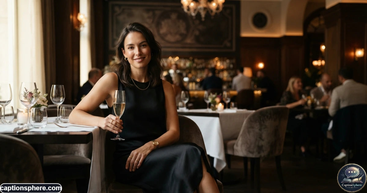Create a realistic 16:9 editorial fashion photograph of a confident woman wearing an elegant evening outfit in an upscale restaurant or hotel setting. Refined styling, understated glamour, natural pose and expression, cinematic but realistic lighting, clean top-middle negative space for a heading, no logos, watermark, website branding, subtitle, or extra text.