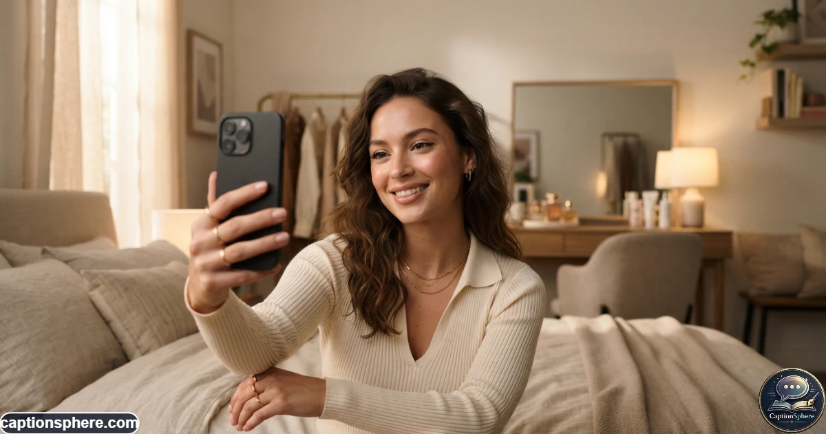 Create a realistic 16:9 lifestyle photograph of a stylish woman taking a close-up smartphone selfie in a softly lit modern bedroom or dressing area. Natural glam makeup, confident expression, believable pose, detailed but realistic environment, clean top-middle space for a heading, no logos, watermark, website branding, subtitle, or extra text.