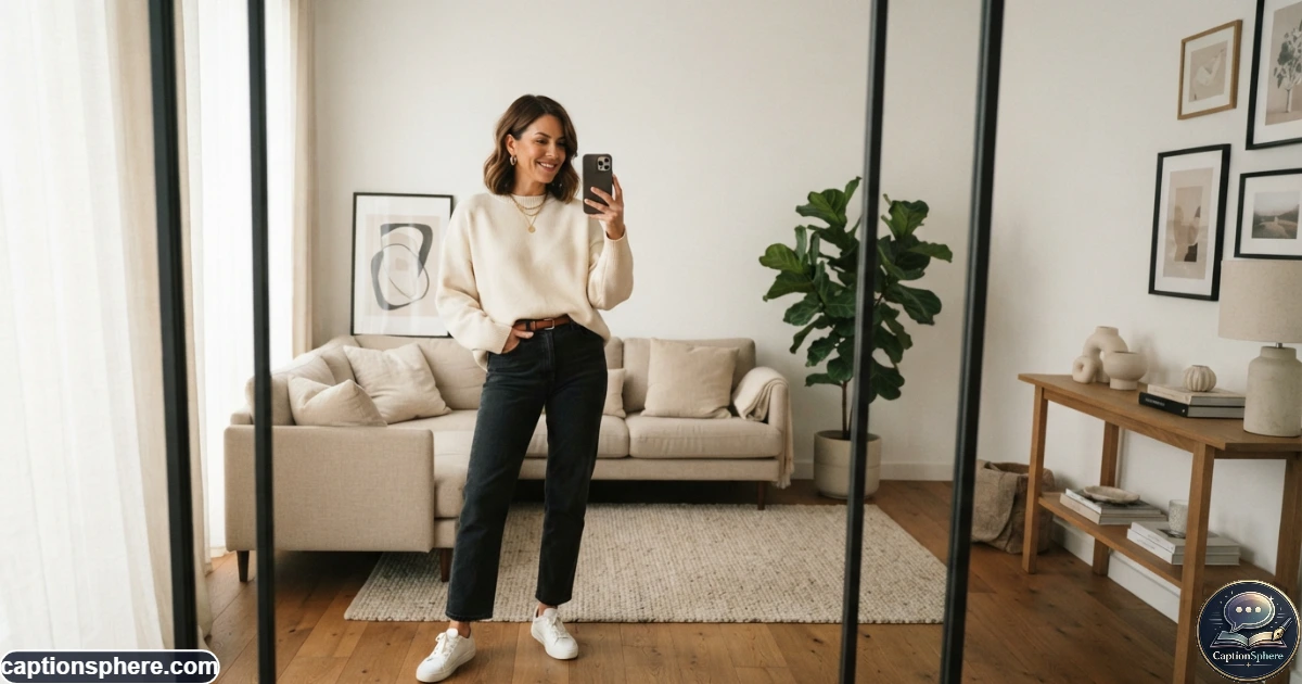 Create a realistic 16:9 editorial lifestyle photograph of a fashionable woman taking a full-length mirror photo in a stylish modern interior. Contemporary outfit, confident relaxed posture, realistic reflection, tasteful decor, natural lighting, visually balanced framing with clean top-middle negative space for a heading, no logos, watermark, website branding, subtitle, or extra text.