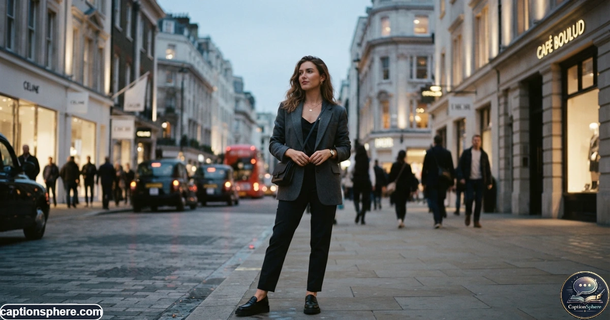 Create a realistic 16:9 editorial photograph of a stylish woman standing on a fashionable city street during soft evening light. Moody yet natural atmosphere, contemporary outfit, subtle confident expression, cinematic composition, realistic surroundings, clean negative space at the top-middle for a heading, no logos, watermark, website branding, subtitle, or extra text.