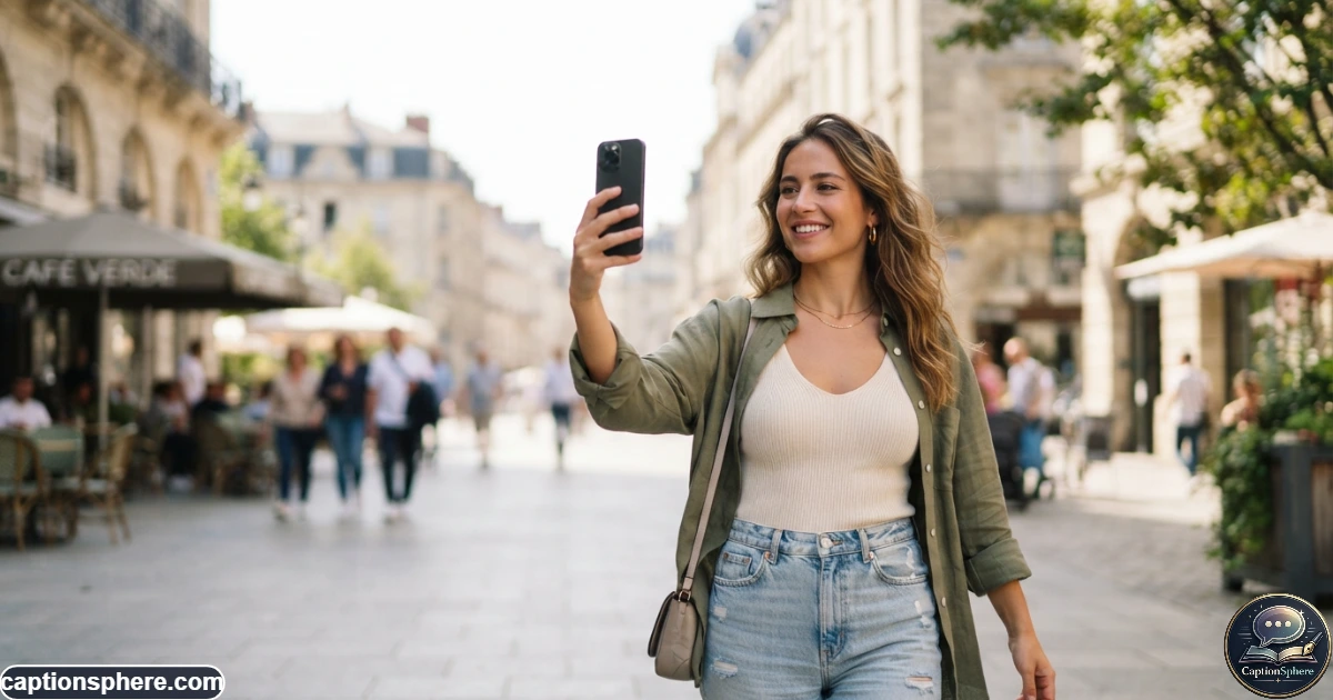Young woman taking a stylish selfie outdoors for an Instagram post