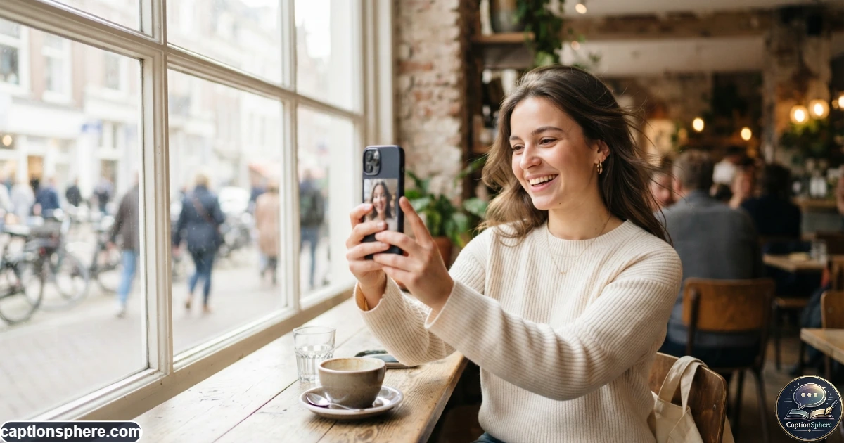 Young woman smiling while taking a natural selfie in soft daylight
