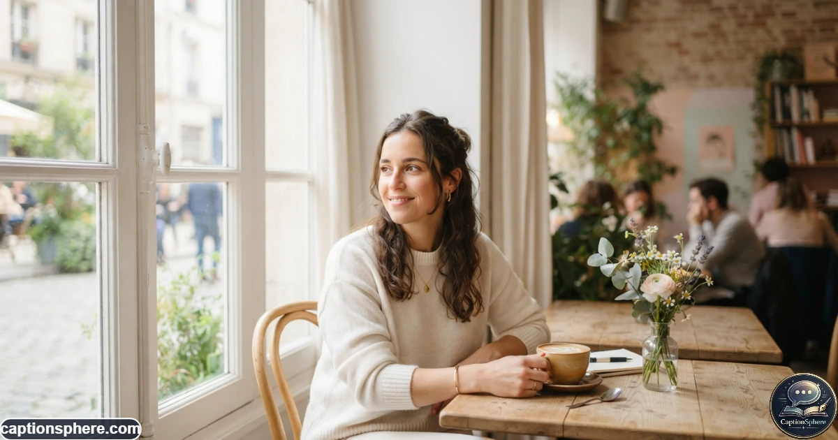 Young woman enjoying a peaceful soft morning moment at a bright café