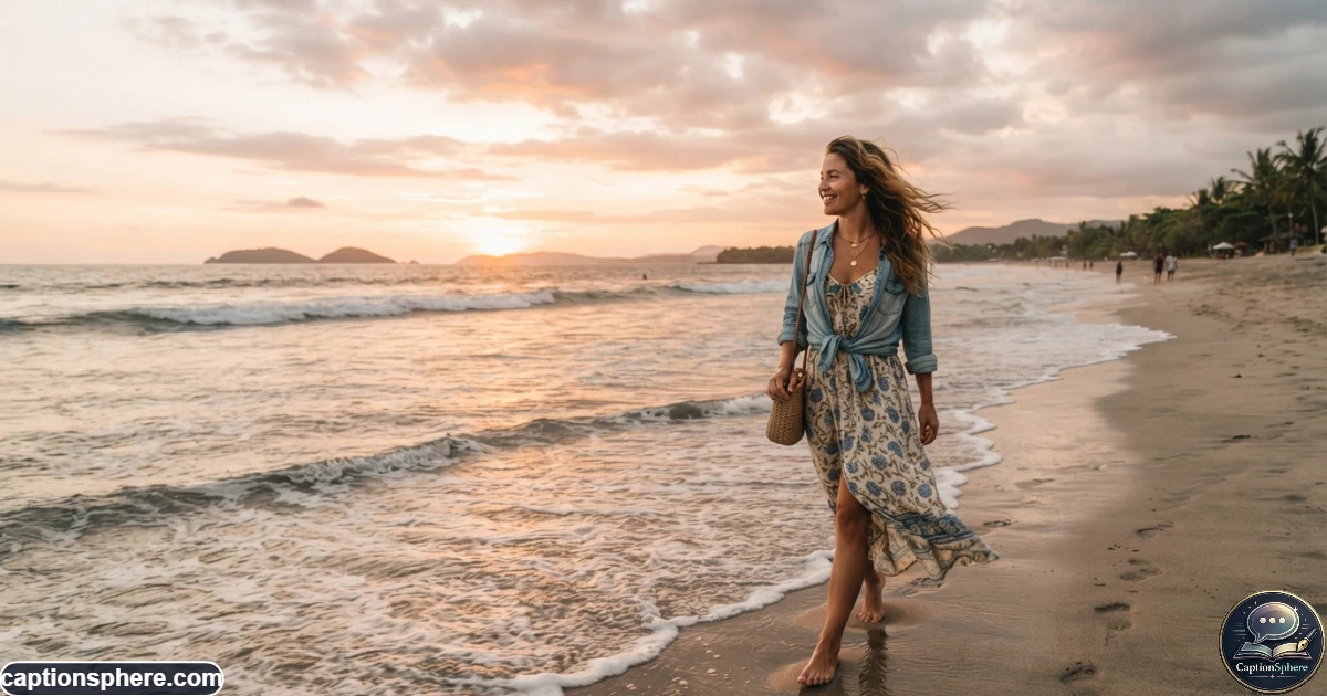 Young woman enjoying a peaceful beach sunset during a tropical vacation