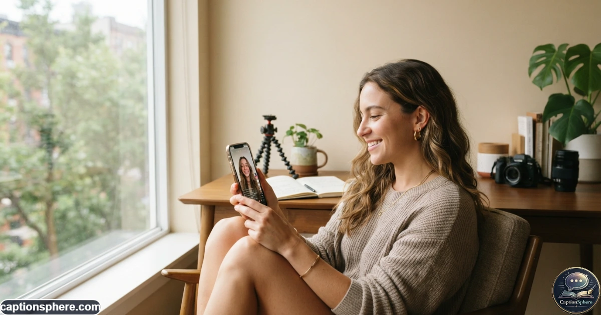 Content creator reviewing a finished TikTok post on a smartphone