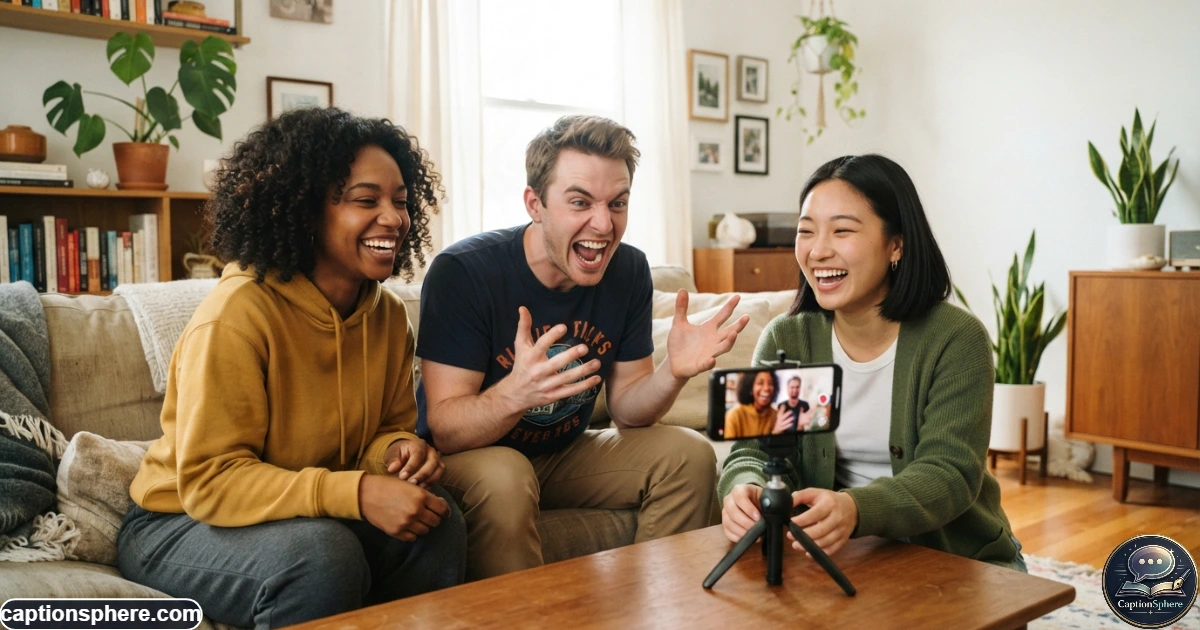 Friends laughing together while recording a funny TikTok video