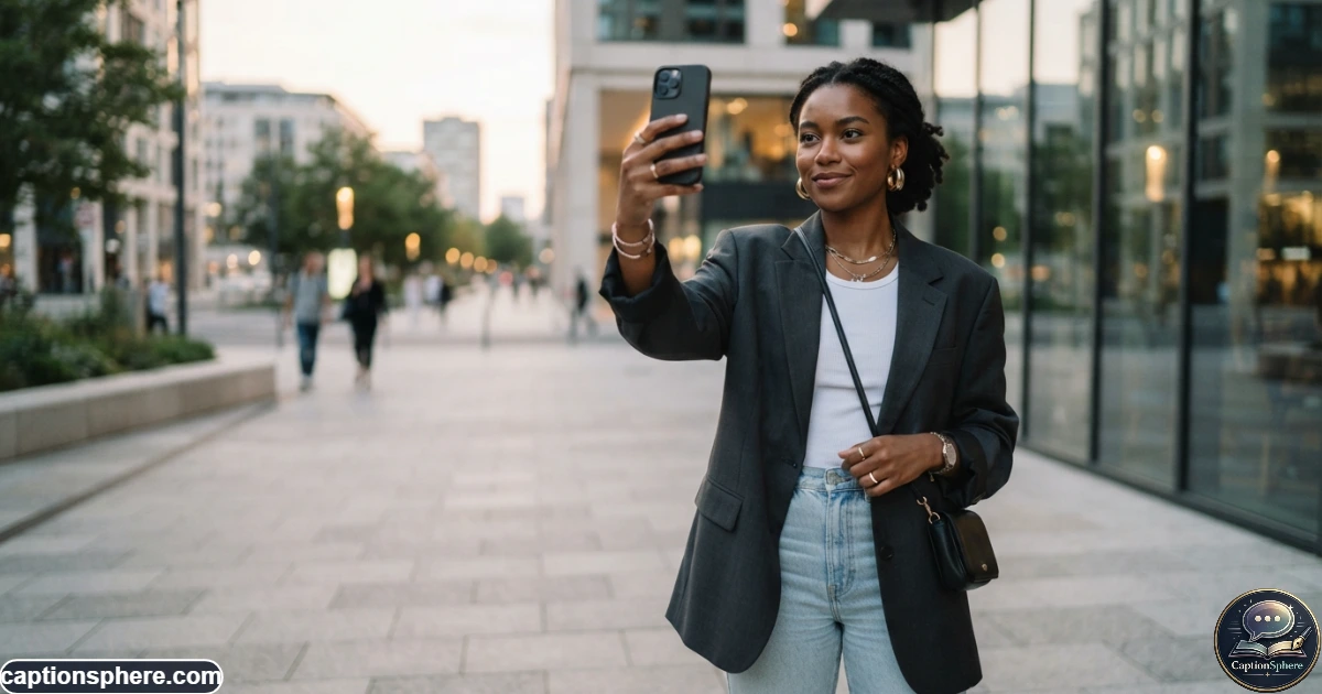 Confident person taking a stylish Instagram selfie with a bold, composed expression