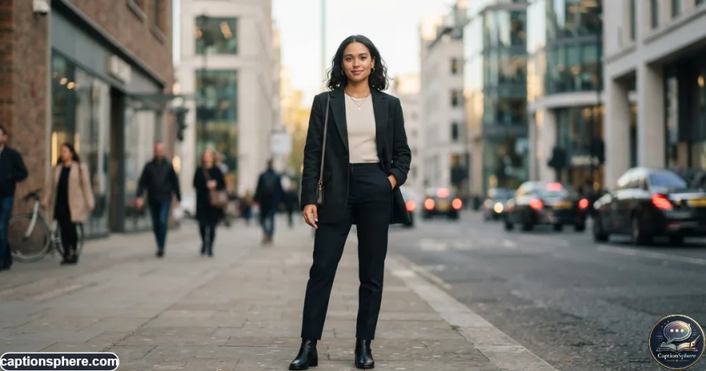Stylish person posing confidently outdoors with a calm and powerful expression