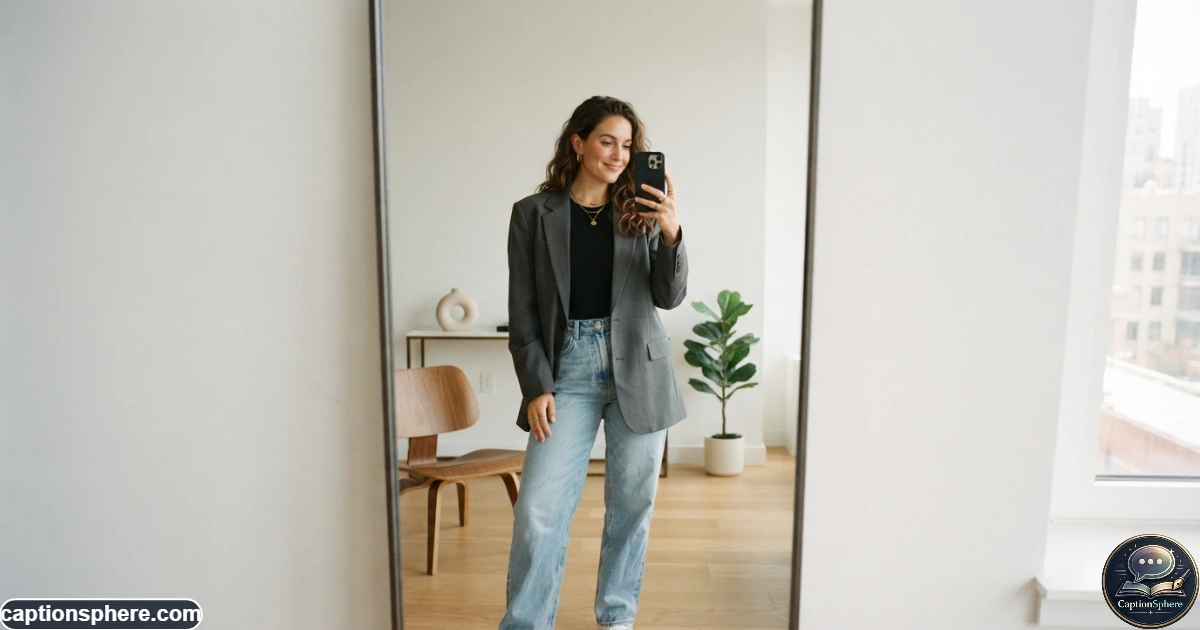 Person taking a confident mirror selfie in a modern minimalist interior