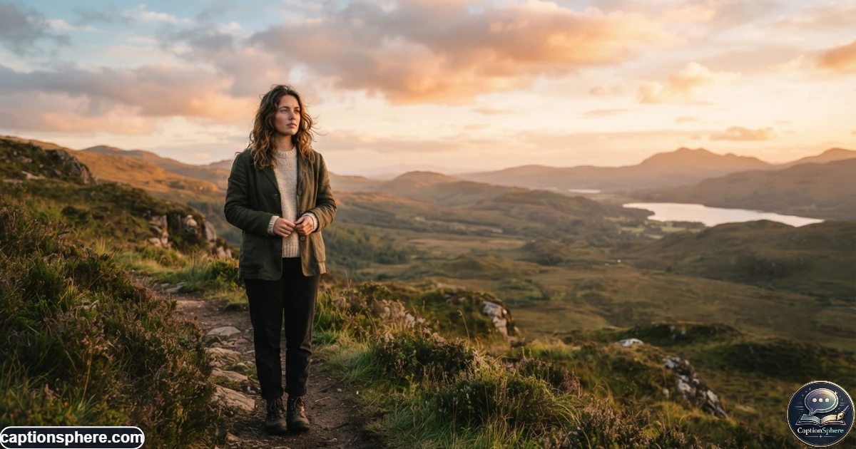 Reflective person standing outdoors at sunset with a calm thoughtful expression