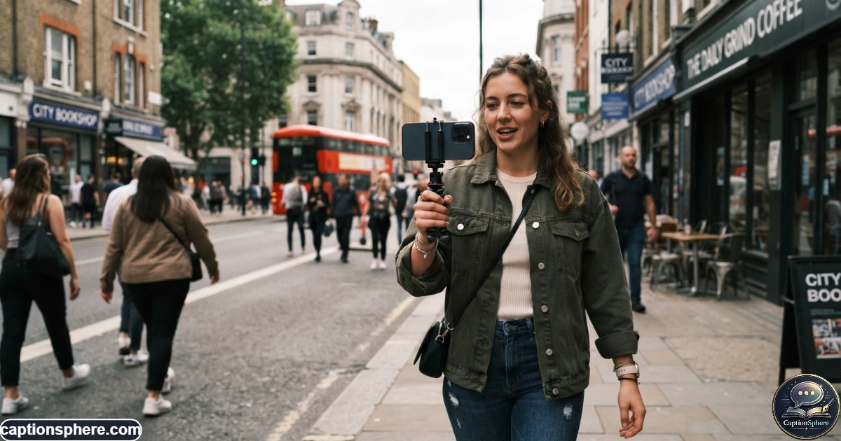 Creator filming an Instagram Reel with a smartphone in an urban lifestyle setting