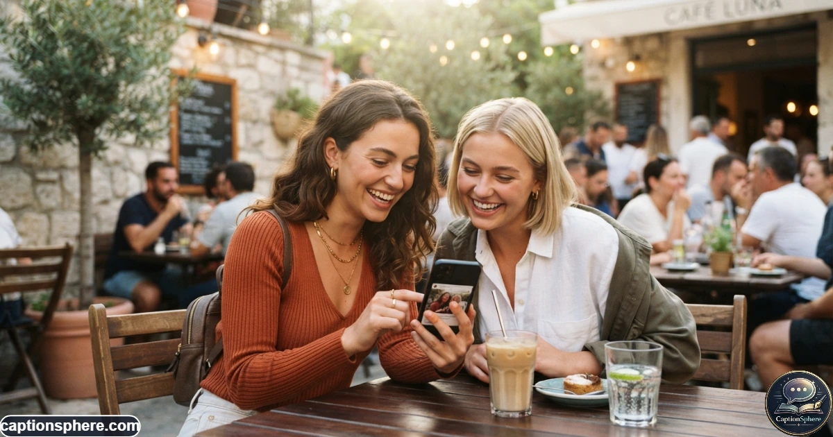 Friends choosing Instagram captions while reviewing photos on a smartphone