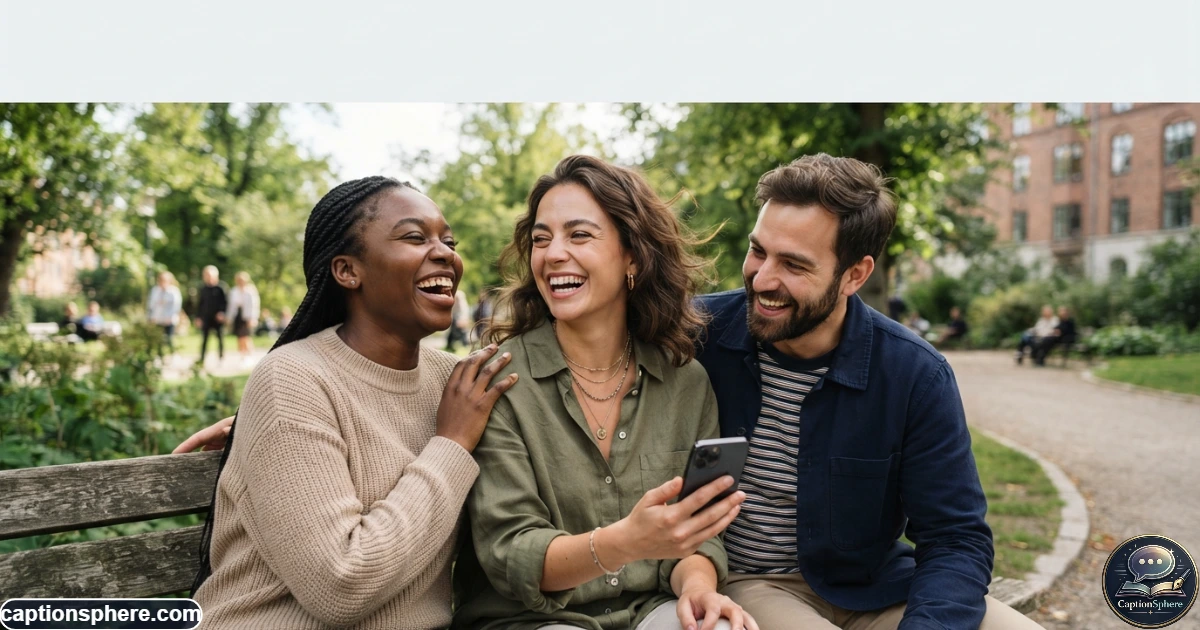 Friends laughing together outdoors while capturing a memorable Instagram photo