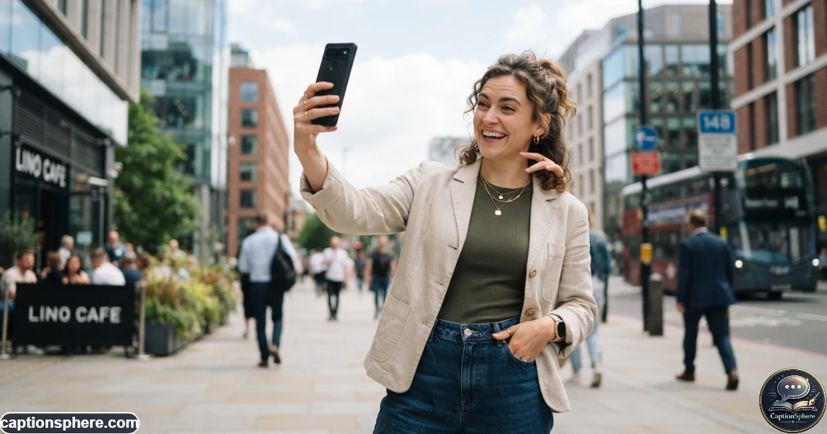 Create a realistic 16:9 editorial lifestyle photograph of a young adult taking a playful smartphone selfie in a modern urban setting. Confident but natural expression, subtle humor in body language, realistic clothing and environment, authentic daylight, polished photography, and uncluttered top-middle negative space for a short heading. No logos, watermark, or promotional text.