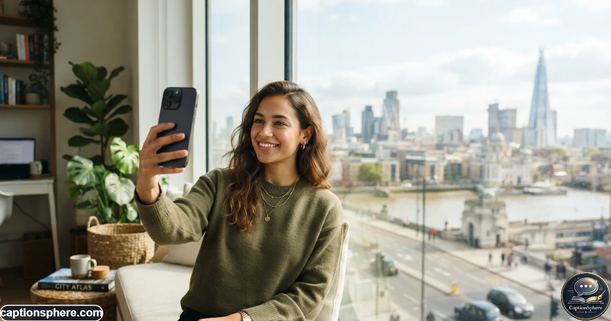 Create a realistic 16:9 editorial lifestyle photograph of a young adult taking a confident but relaxed selfie beside a large bright city window. Natural expression, casual modern clothing, realistic smartphone, believable interior, soft daylight, subtle reflections, premium photography, and clean top-middle space for a concise heading. No logo, watermark, subtitle, or promotional copy.