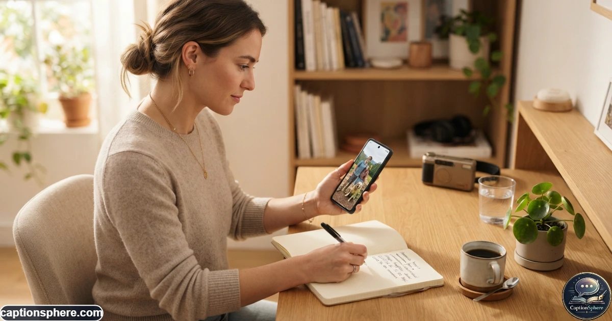 Person writing a personalized Instagram caption while reviewing a photo on a smartphone