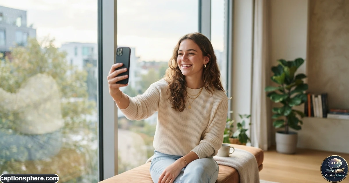 Young adult taking a natural smartphone selfie near a bright modern window