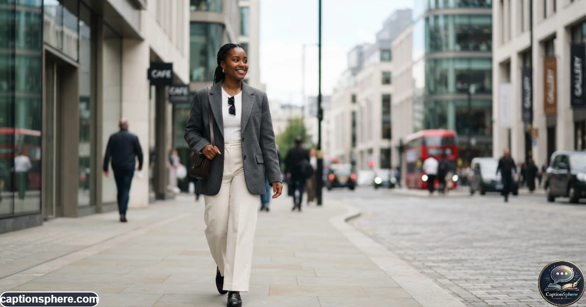 Create a realistic 16:9 editorial street-style photograph featuring a fashionable young adult wearing a polished contemporary outfit on a modern city street. Natural confident posture, realistic textures, subtle architectural background, editorial fashion photography, varied perspective, and clear top-middle negative space for a short heading. No logos, watermark, or extra text.