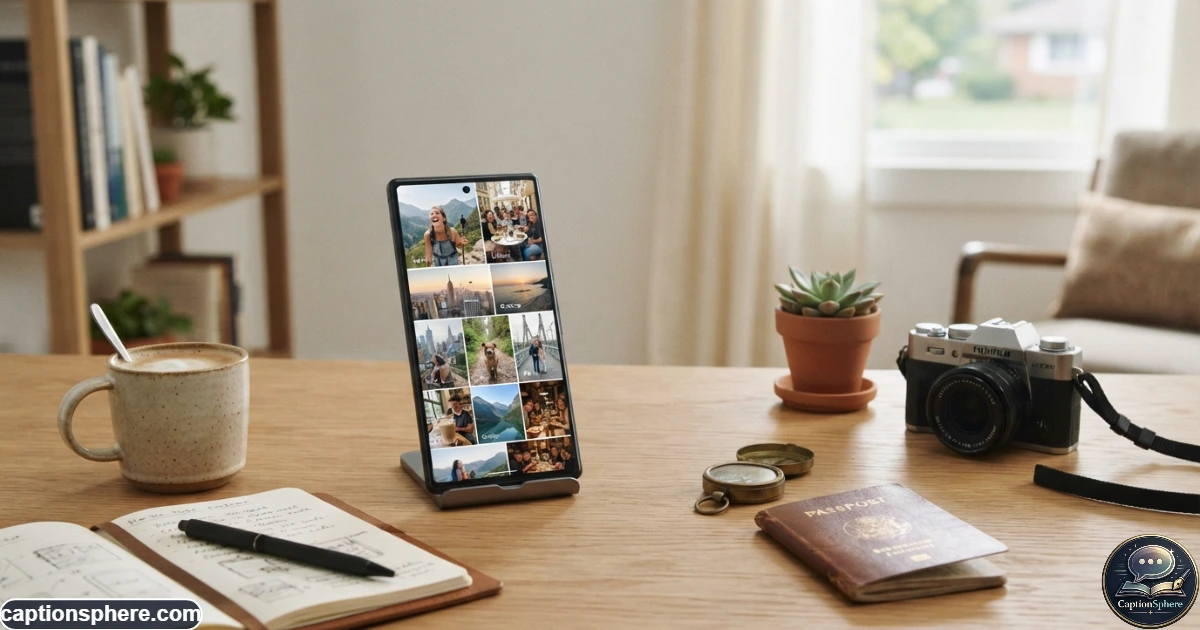 Create a realistic 16:9 editorial lifestyle scene showing a smartphone displaying a varied personal photo collection on a clean modern desk. Include subtle travel and everyday objects around it, natural window light, realistic photography, layered composition, and generous top-middle negative space for a heading. No logos, watermark, or promotional text.